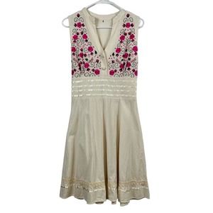 Cream Colored Pink Green Floral Embroidered Lace Ribbon Fit & Flare Mini Dress